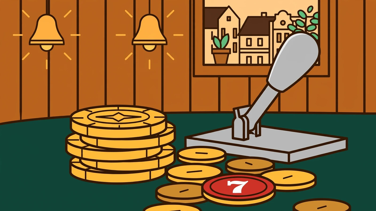 Zlaté žetóny a mince u páky automatu v české herně